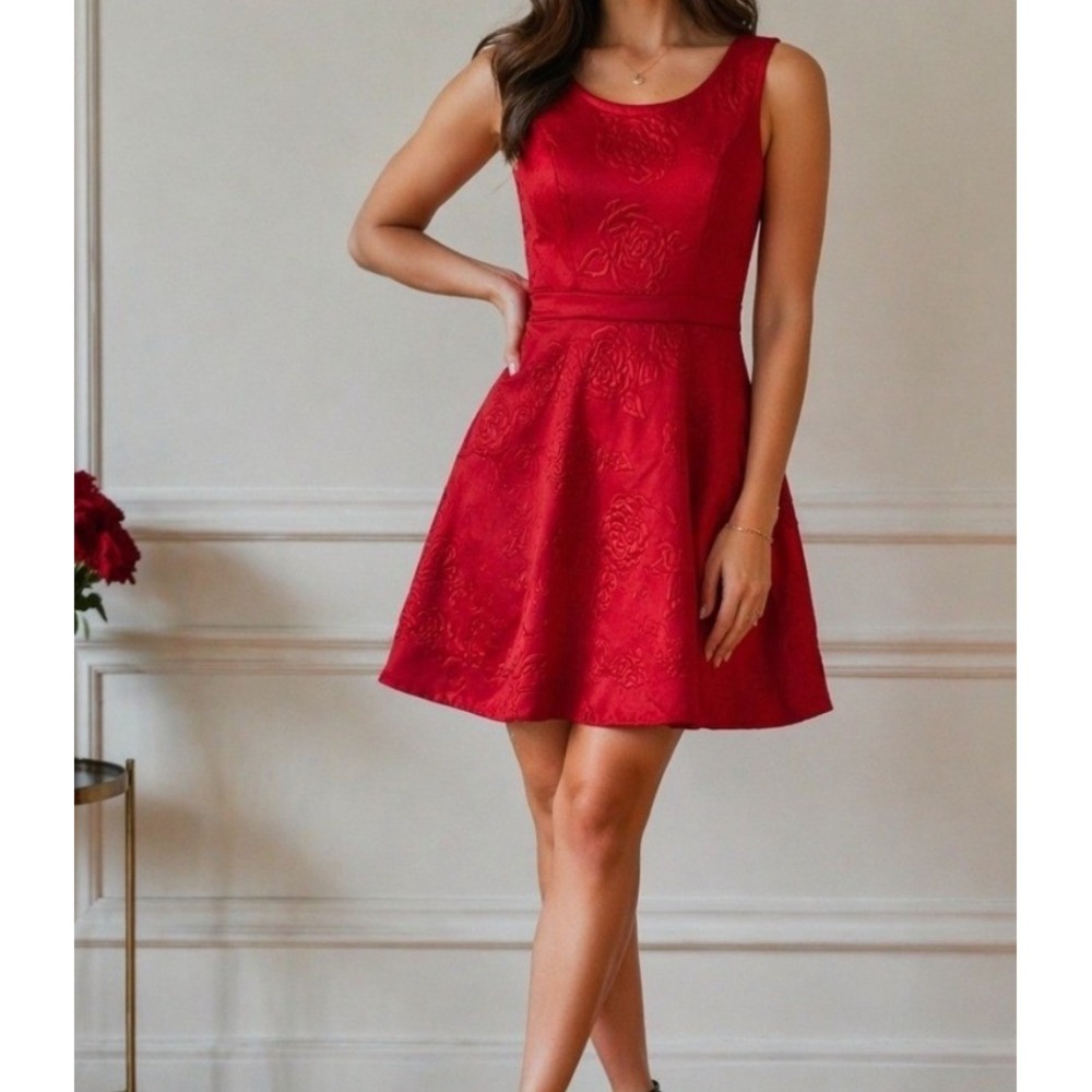 L'Amour Nanette Lepore Womens Red Textured Rose Fit & Flare Mini Dress  Romantic